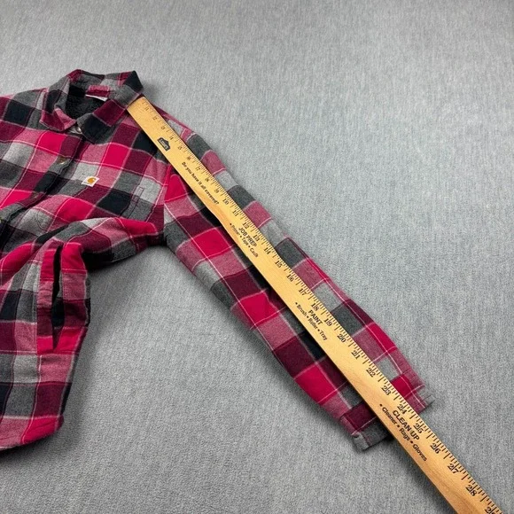 Carhartt‎ Flannel Shirt Girls Large 14 Pink Black Plaid Sherpa Lined Snap Button - Picture 8 of 10